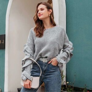 Simplee Gray Ruffle Sleeve Sweater